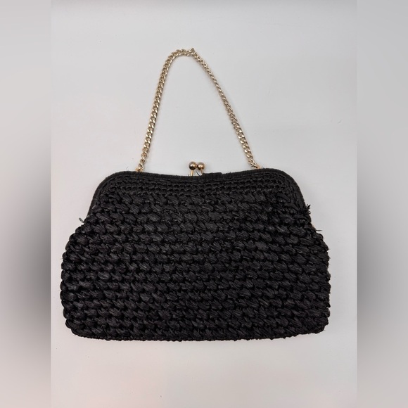 VTG Dayne Taylor Black Woven Rafia Purse Handbag Kisslock Bag 50s - 60's Japan - Picture 2 of 6